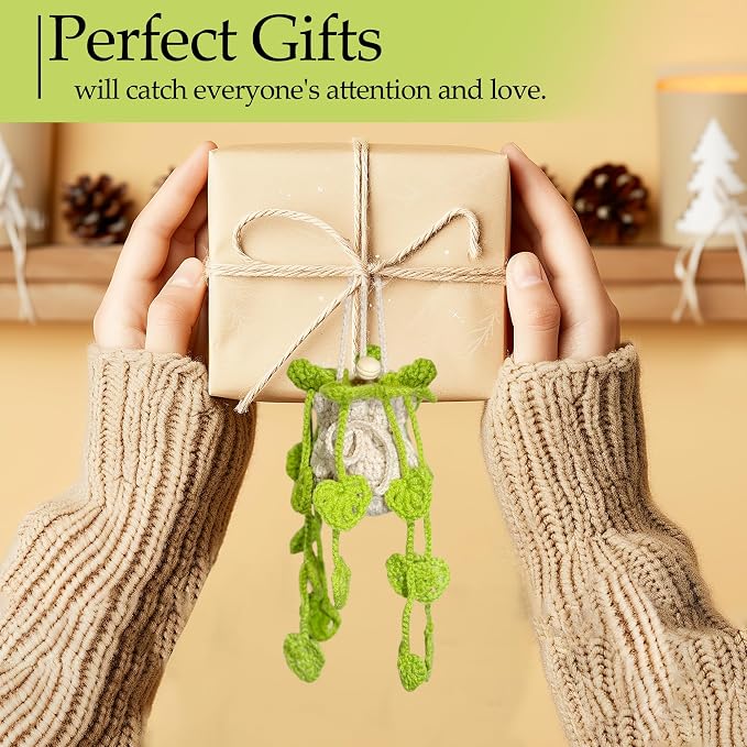Crochet Car Air Freshener Hanging, Cute Hanging Plant for Cars, Crochet Plant with 10ml Empty Refillable Oil Diffuser Bottle, Handmade Boho Car Ornaments Charms for Rear View Mirror, Green