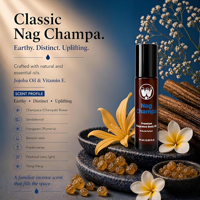 WagsMarket - Nag Champa Perfume Oil, from 0.33oz Roll On to 4oz Glass Bottle (0.33oz Roll On)
