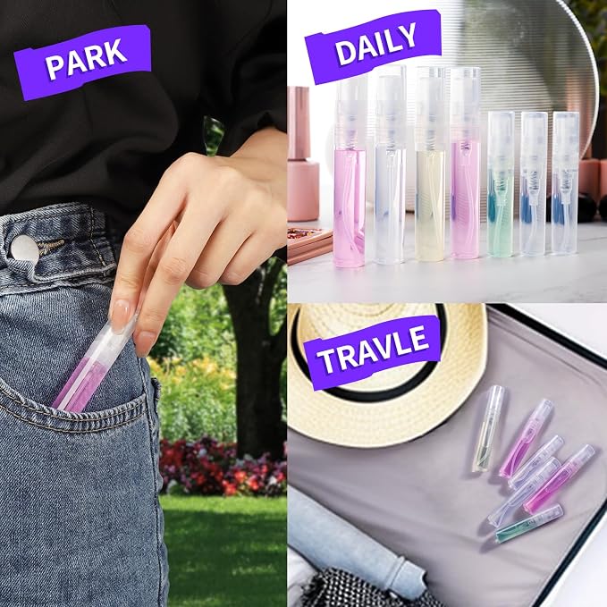 Fandamei 60PCS Mini Spray Bottle, 30PCS 3ml Mini Clear Plastic Spray Bottle Empty with 30PCS 5ml Fine Mist Refillable Mini Perfume Bottle. Small Empty Sample Containers Bottle.