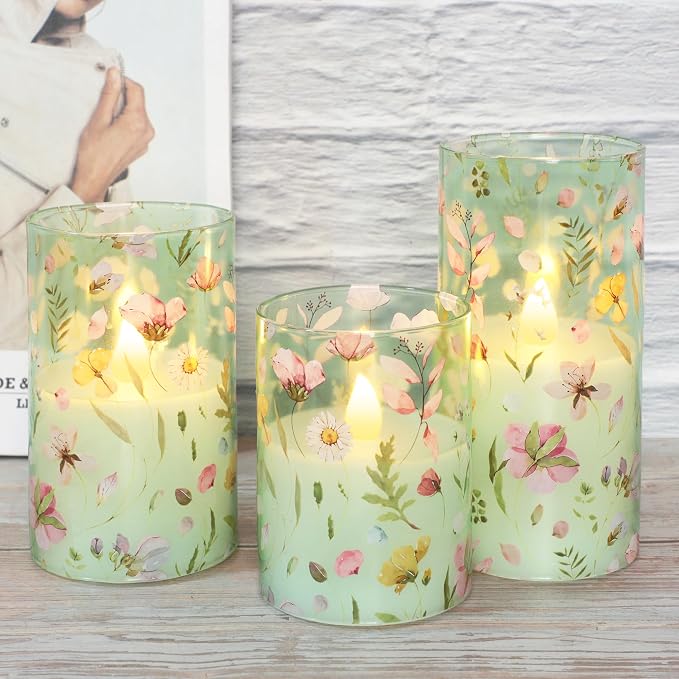 Flameless Candles with Remote Timer, Glass Battery Operated LED Candles, Green Floral Design, Cylindrical Shape, Set of 3 for Home Party Wedding Decor