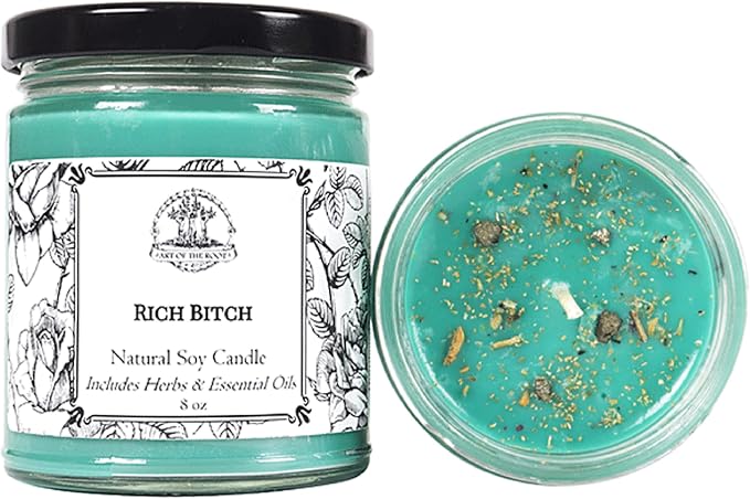Rich B*tch 9 oz Soy Candle with Pyrite Crystals | Handmade with Herbs & Essential Oils | Riches, Wealth, Money Drawing & Prosperity Rituals | Wiccan Pagan Conjure Manifestation Hoodoo