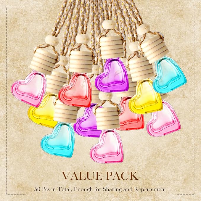 20 Pcs 6ml Hanging Car Diffuser Bottle Empty Glass Perfume Air Freshener Heart Love Container Diffuser Pendant Wedding Essential Oil Fragrance Aromatherapy Ornament (Multicolor)