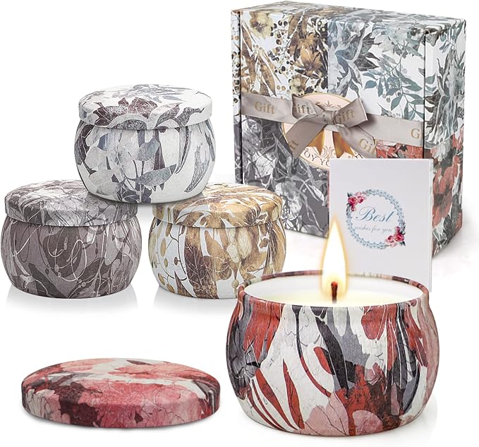 Scented Candles Gift Set, Aromatherapy Candles for Home Scented, 4.4 Oz Pack of 4 Tin Long Lasting Soy Candle, Birthday Gifts for Women Mom Bath Spa Meditation Bathroom Gift