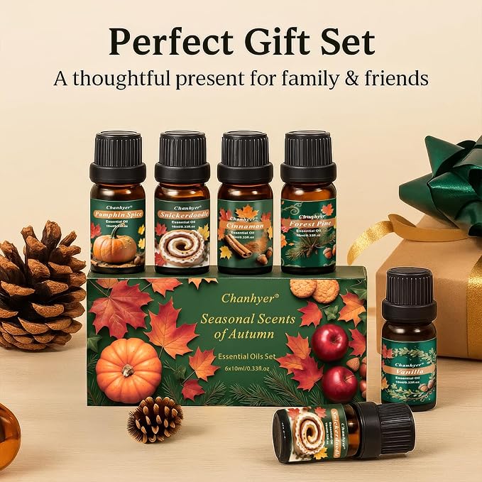 Fall Essential Oils Set 6x10ml-Pumpkin Spice,Apple Cider,Snickerdoodle,Vanilla,Cinnamon,Pine,Autumn Fragrance Oils for Diffuser,Home Scenting and Seasonal Gifts
