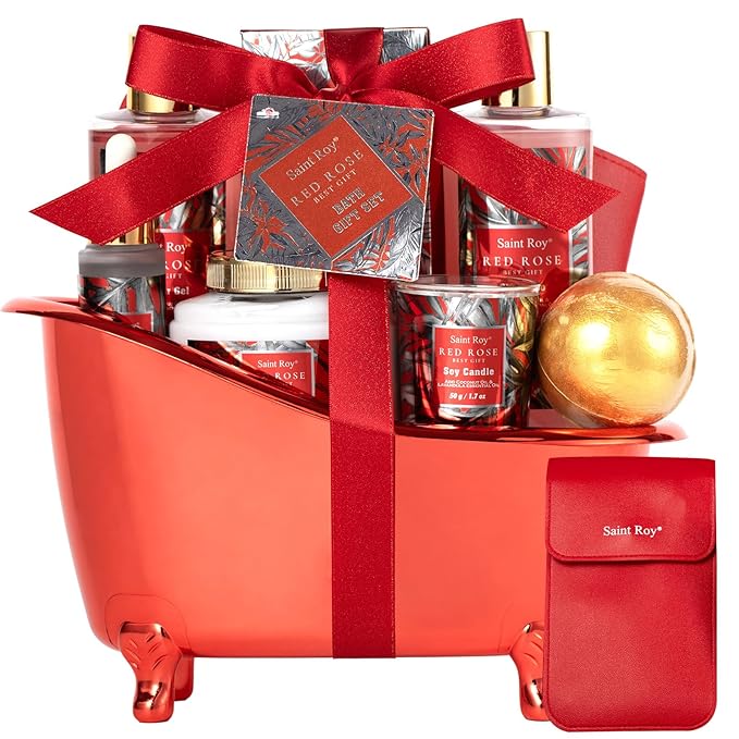 Spa Gift Basket Spa Gift Set For Women, Birthday Gifts for Her, Spa Gift Basket for Women, Red Rose Bath and Body in Floral Scents Bath Kits, Home Spa Gift Basket, Bath Spa Kit for Mothers day Lotion