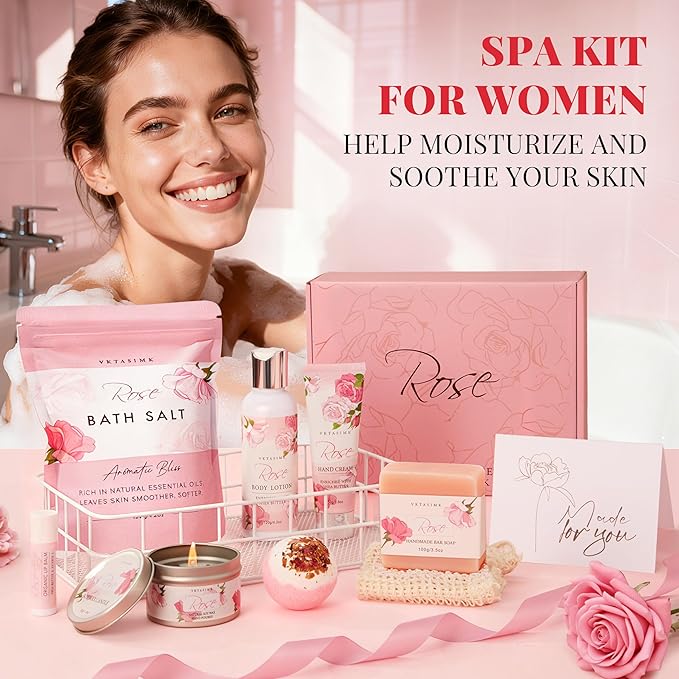 Gifts for Women Birthday, Bath and Body Gift Basket Mothers Day Gifts, Rose Home Spa Set Self Care Gift, Thank You for Mom Sister Her Teacher Friends Friendship