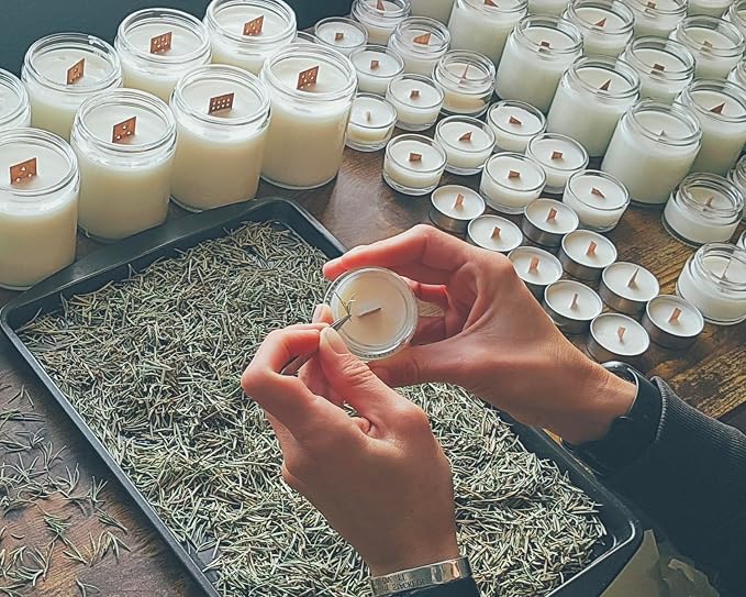 Rosemary Scented Essential Oil Tealight Candle Gift Set of 3, Hand Crafted Soy Wax Candles Wooden Wick Dried Flowers, 12 Hour Burn Time, Natural Aromatherapy Glass Cup Tea Lights by Lathered Artisan