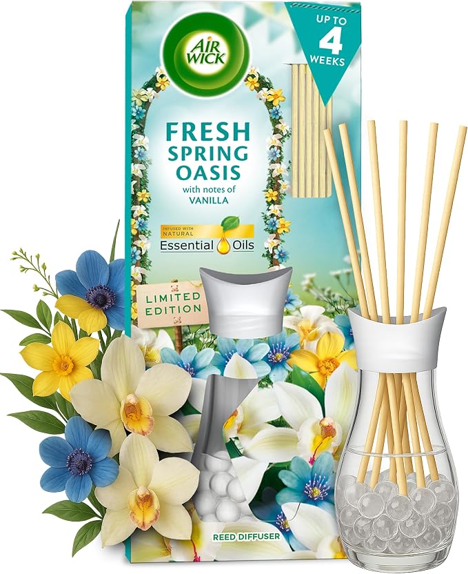 Air Wick Fresh Spring Oasis Essential Oils Reeds Diffuser 25ml. Lasts for up to 4 Weeks. Air Freshener (Pack of 5)