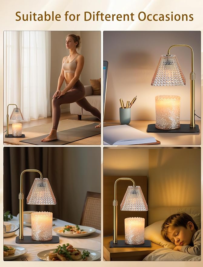 Candle Warmer Lamp with Timer & Dimmer, 2 Bulbs, Height Adjustable, Fit All Size Jar Scented Candles, Safe Aromatherapy Light for Sleep, Work, Yoga, Bedroom, Office, Gift (Champagne Pyramid)