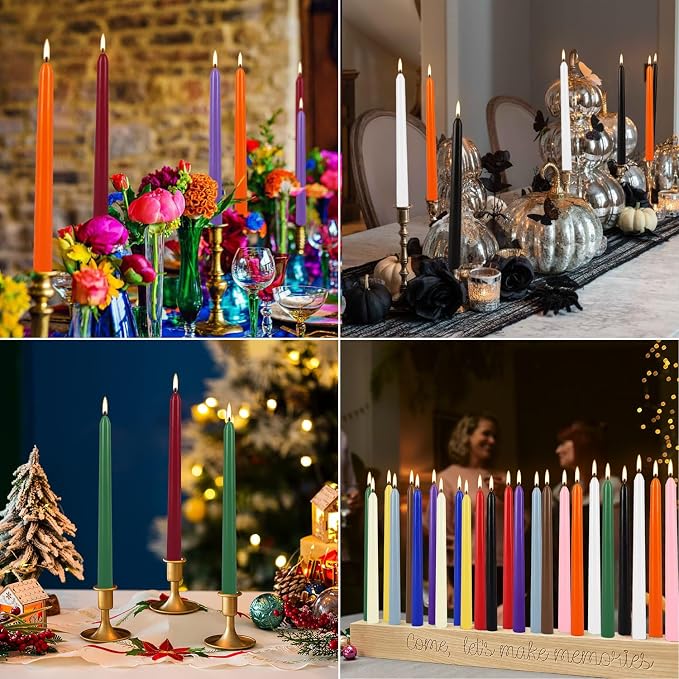 YOROXRG 24 Colored Taper Candles, 7-8 Hours Burn Time, Unscented, Smokeless and Dripless, 0.75 x 10 Inch Dinner Candle Set for Household, Wedding, Party and Home Décor Candlesticks