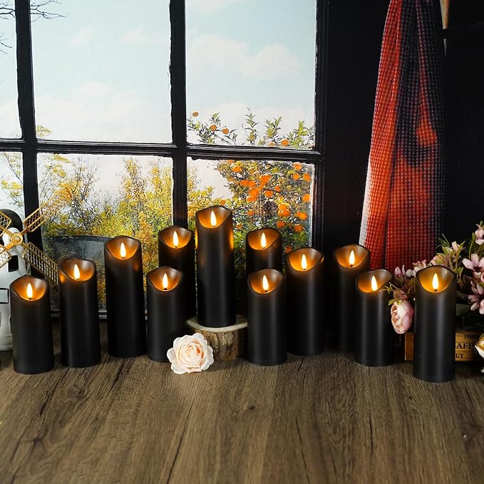 Nimiko Flameless Candles with Remote, Battery Operated Flickering Flameless Candles, LED Candles with Timer 2/4/6/8H, with Realistic LED Candles Set of 12 (D2.2 x H 5" 6" 7") (Black)