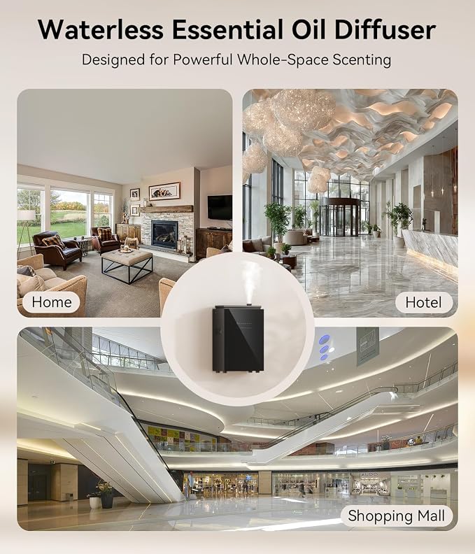 Essential Oil Diffuser - HVAC System, 5500 Sq.Ft Waterless Diffuser, Whole House & Aromatherapy Diffuser, Oil Diffuser for Office Home Large Room, WiFi & Bluetooth App Control, Black