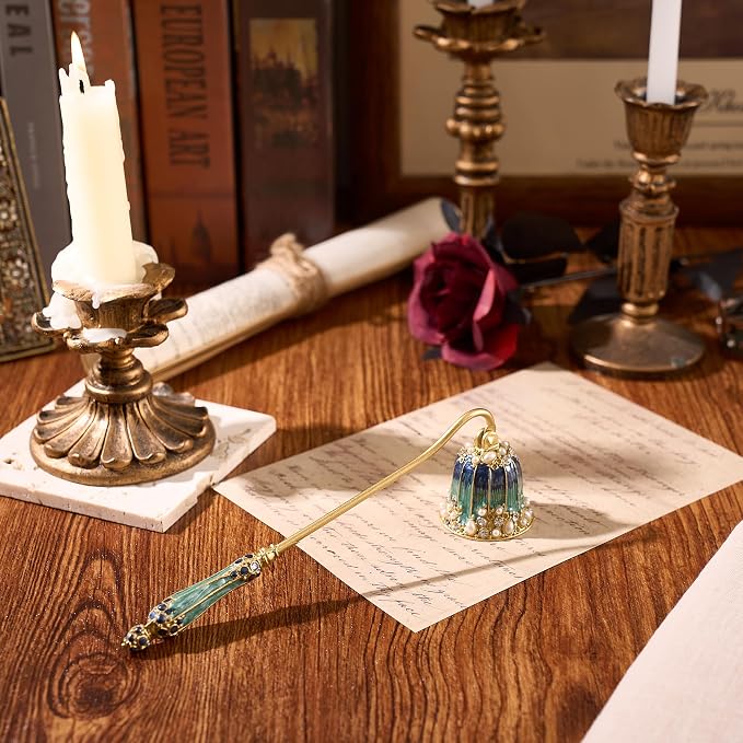 Vintage Candle Snuffer, Hand-Painted Metal Candle Extinguisher with Long Curved Handle, Artistic Floral Candle Tool for Home Decor (Turquoise)