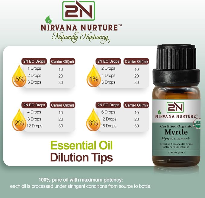 Myrtle Essential Oil, USDA Certified Organic, 100% Pure Undiluted, Aromatherapy Oil for Diffuser, Hair & Skin Care