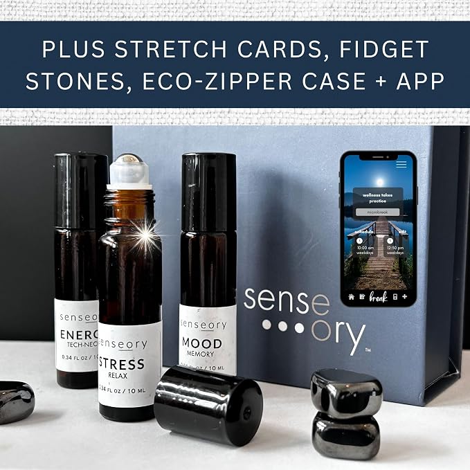 Steady State Essential Oil Roll-On Self-Care Kit – 3 x 10 ml Aromatherapy Blends + Fidget Stones, Stretch Cards & Eco Travel Case
