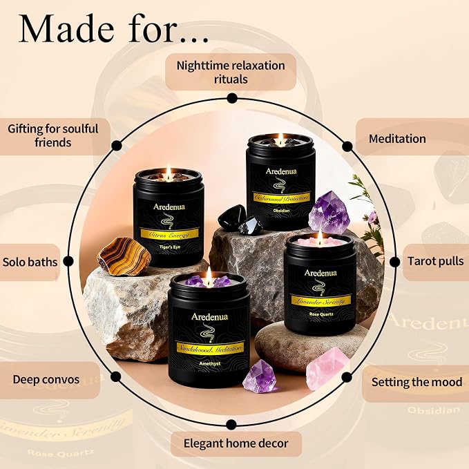 Scented Candles Set, 4 Pack Crystal Healing Candles with Rose Quartz Amethyst Tiger Eye Obsidian, 7oz Natural Soy Wax Candles, Lavender Citrus Sandalwood Cedar, Meditation Gifts for Women Men