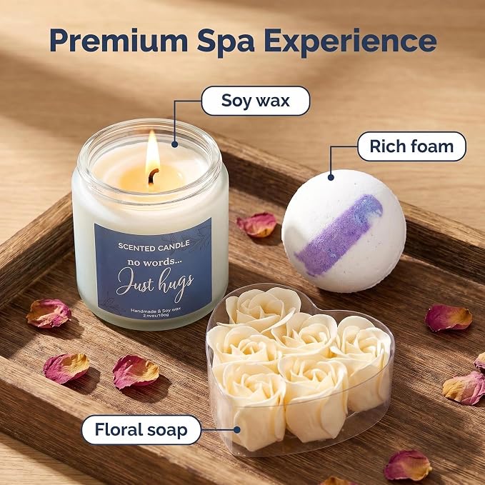 7 Piece Luxury Bath & Body Gift Set for Women,mothers day gifts: Hug in a Box Relaxing Home Spa Kit, with Insulated Mug, Scented Candle & Bath Bomb, Self Care Gift for Birthday