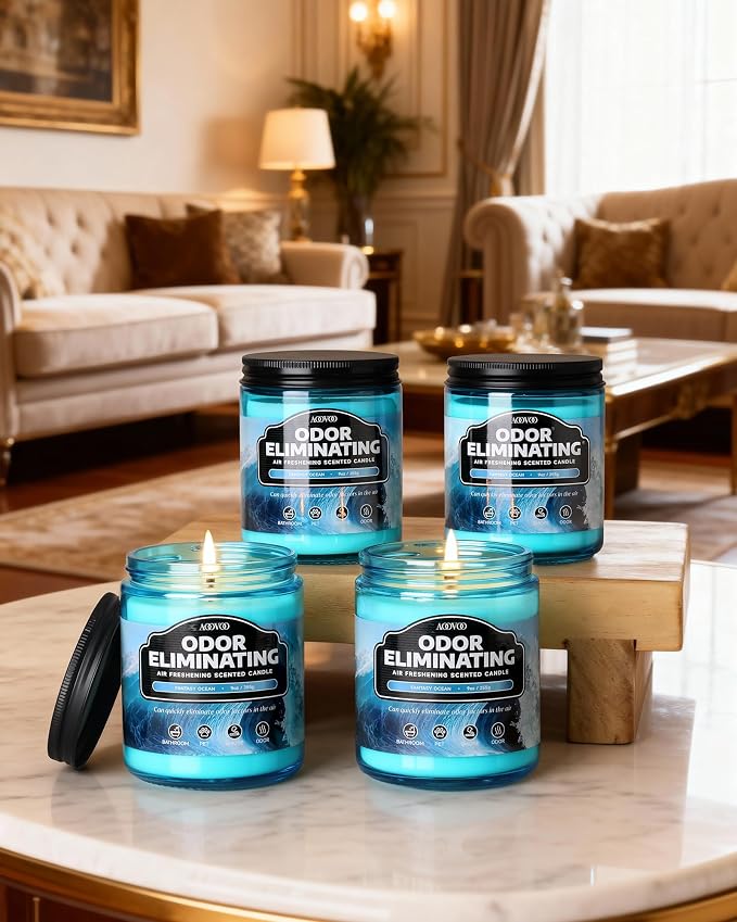AOOVOO 4 Pack Fantasy Ocean Odor Eliminating Highly Fragranced Candle - Eliminates 95% of Pet, Smoke, Food, and Other Smells Quickly, Non Toxic Air Freshing Soy Candle