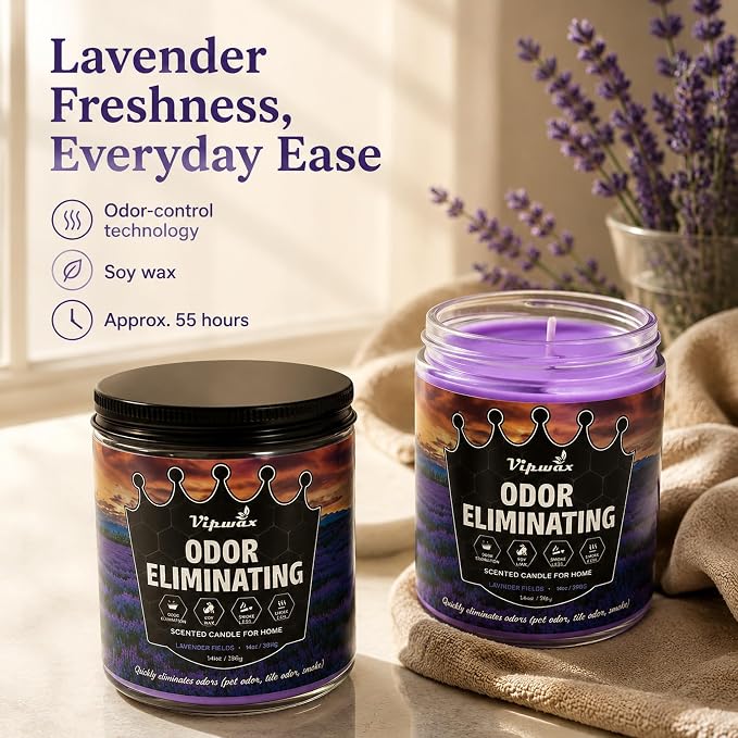 9 oz Lavender Odor Eliminating Candles for Home Scented, Eliminates 99% of Pet, Smoke, Food and Other Smells Quickly, Highly Fragranced Candle, Premium Soy Candles Set for Women