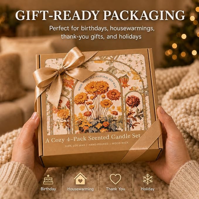 Wood Wick Candles Gift Set, 4 Pack 28 oz Scented Soy Candles, Crackling Wooden Wicks, Amber Glass Jars for Home, Birthday and Housewarming Gifts for Women and Men