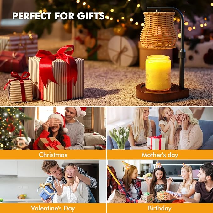 Candle Warmer Lamp with Timer & Dimmer - Electric Wax Melt Warmer with Adjustable Height for Scented Candles, Rattan Design for Home Decor, Mothers Day Gifts, Housewarming (Gold)