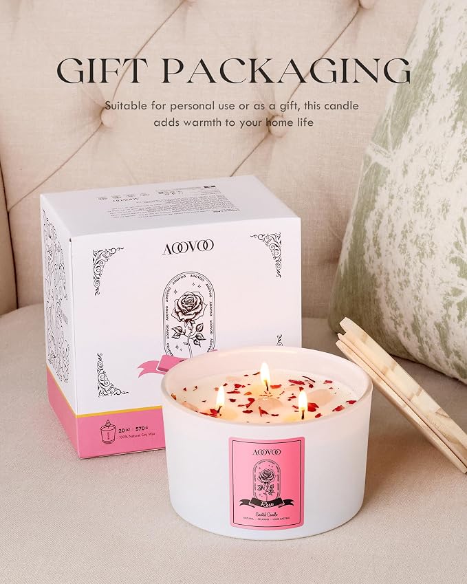 AOOVOO Rose Scented Candles for Women - 20oz 3 Wick Soy Candles for Home Scented, Aromatherapy Candle with Crystals Inside, Birthday Gifts Valentines Day Candle for Women Mom
