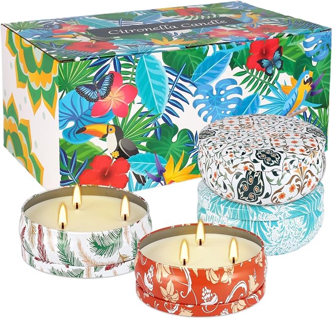 4-Pack Citronella Candle Set in Decorative Tropical Flower Tin Boxes - 3-Wick Functional Decorative Candles for Indoor & Outdoor Use - Perfect for Camping, Travel, BBQ, Picnics, and Mother's Day Gift
