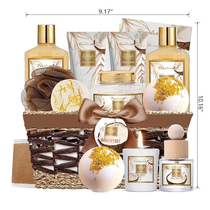 Mother's Day Gifts Basket for Women, 15pcs Vanilla Coconut Bath Set with Shower Gel, Bubble Bath, Diffuser Oil, Scented Candle, Skin Care Kit Birthday Gift for Women