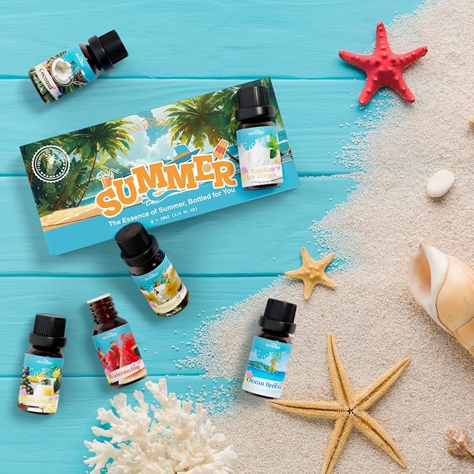 Summer Essential Oil Set for Diffusers for Home Premium Fragrance Oils - Includes Watermelon, Coconut, Ocean Breeze, Plumeria, Vanilla Ice Cream & Pina Colada, Candle Making Scents, 6X10ml