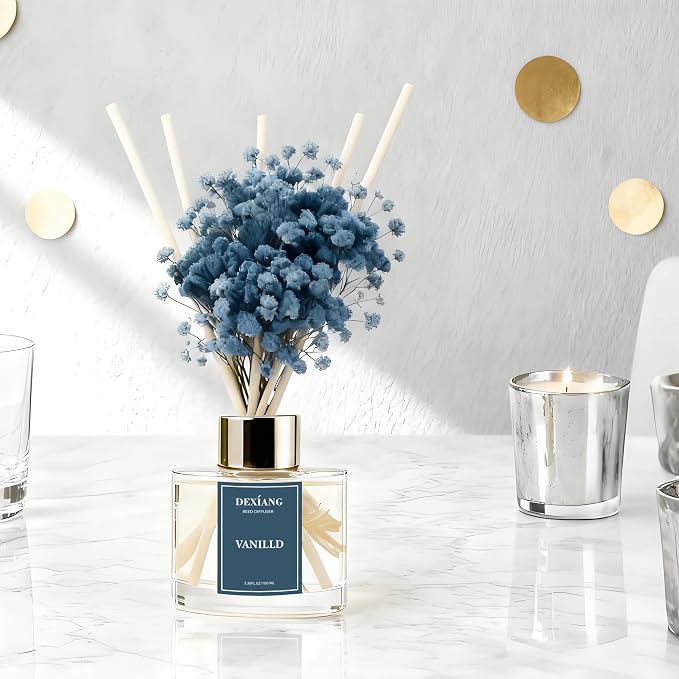 Reed Diffuser Set - 3.38 fl oz Vanilla Premium Scented Oil with Preserved Baby's Breath & Cotton 6 Sticks | Long-Lasting Aromatherapy for Home, Bedroom, Bathroom, Office Home Decor
