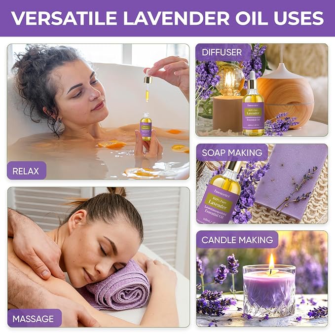 Organic Lavender Essential Oil for Diffuser 4oz - 100% Natural - Therapeutic Grade Pure & Organic Lavender Oil for Aromatherapy Skin Hair & Diffuser