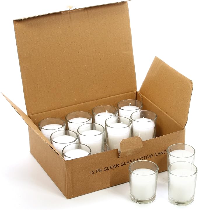 Hosley 48 Pack White Unscented Votive Candles, Clear Glass, Hand-Poured Wax, Bulk Wedding & Party Candles for Gifts, Tables, Aromatherapy & Holidays Party Weddings Birthdays (White)