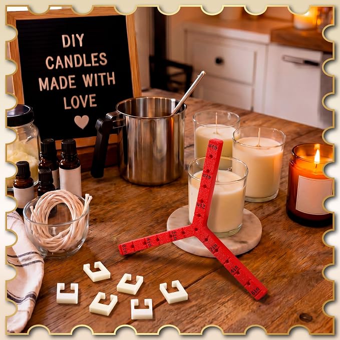 Feekoon Universal 3 Way Candle Wick Holder, Adjustable 1/3 Wick Centering Tool with 6 Clips, Anti-Slip Wicks Stabilizer for Candle Making, Fits Jars up to 6 Inch, Reusable PLA (Red)