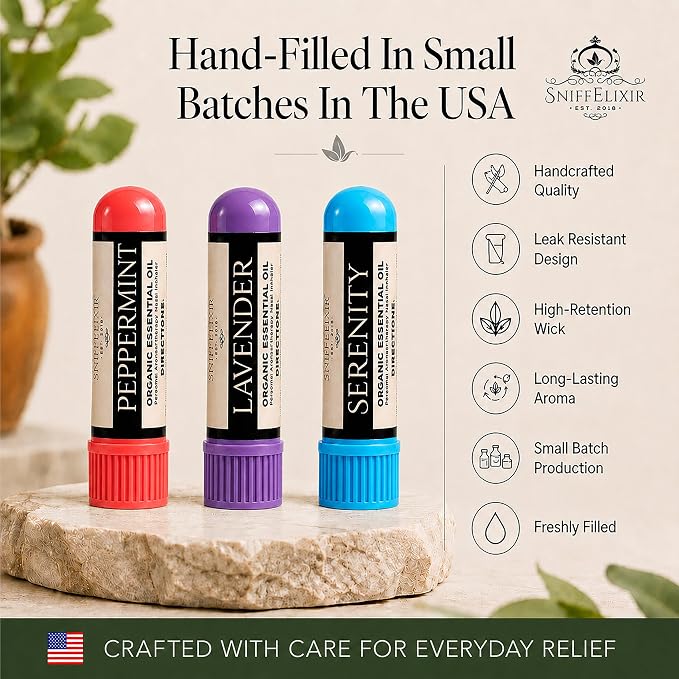 Stress Relief, Migraine & Sleep Aid Essential Oil Aromatherapy Nasal Stick Inhaler - Self Care Gifts 3-Pack, Peppermint Lavender Citrus, Made with Organic Essential Oils