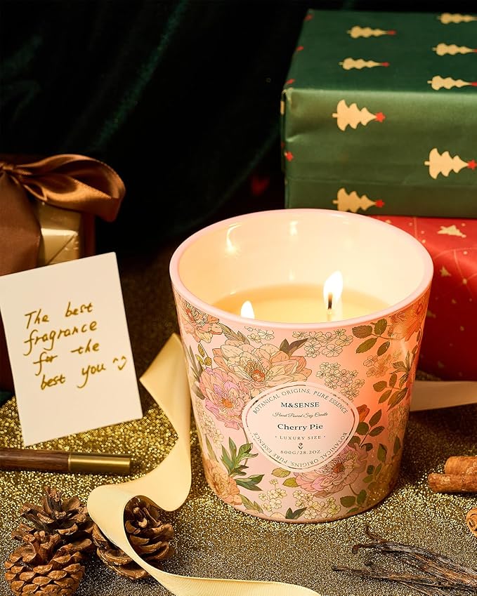 M&SENSE Cherry Pie Scented Candle, 28.2oz 3 Wick Natural Soy Wax Large Candles, Long Lasting Clean Slow Burning No Toxic Décor for Home Relaxation, Romantic Dates & Gift-Giving