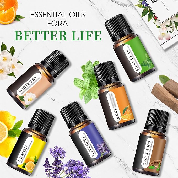 Aromatherapy Essential Oils Kit, 6pcs Pure Scented Oils for Diffuser, Soap, Massage & Home Use - Lavender, Mint, Lemon, Orange, Sandalwood, White Tea