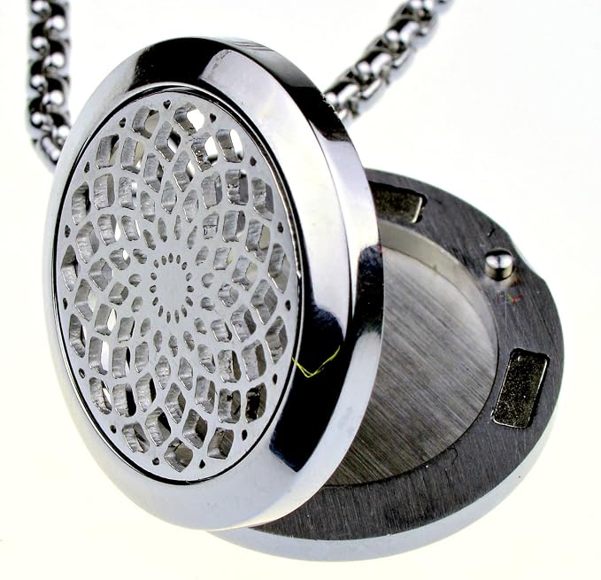 Wild Essentials Sun Mandala Essential Oil Diffuser Necklace, Stainless Steel Locket Pendant with 24 inch Chain, 12 Color Refill Pads, Customizable Color Changing Perfume Jewelry for Aromatherapy