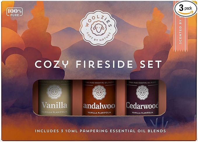 Woolzies Top 3 Cozy Fireside Essential Oil Set | Premium Oils incl. Cedarwood Vanilla & Sandalwood | Therapeutic Grade Aromatherapy Oils | Great Scent for Spa/Home (3 Pack, Cozy Fireside)