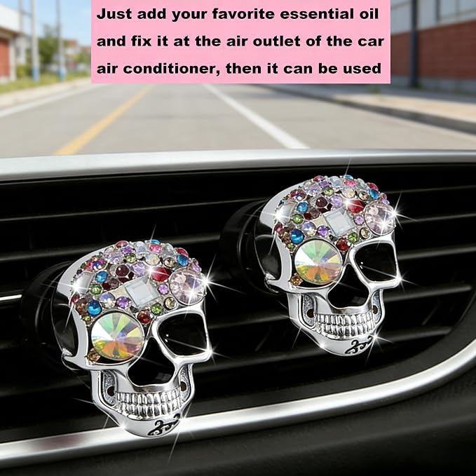 Gothic Skull Car Air Freshener Vent Clips with 2 Pads, Halloween Scented Car Accessories for Men Women, Automotive Interior Decor and Cool Car Fresheners for Men, Spooky Gift Idea-A7