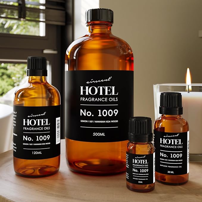 AirScent Hotel Diffuser Oil No. 1009 - Lemon Lily Hawaiian Koa Wood - Hotel Scent Dupe - Premium Fragrance Oil for Ultrasonic and Waterless Diffusers and Crafting - 500 mL, 16.9 fl oz Glass Bottle