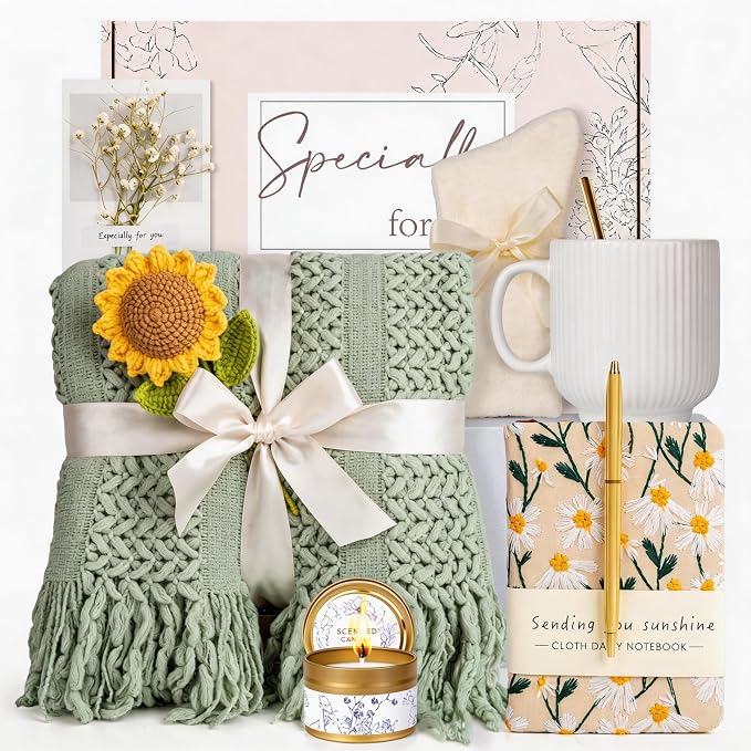 Birthday Gift Baskets for Women, Get Well Gifts for Women, Care Package Self Care, Thank You, Sympathy Friendship Sending Sunshine Sunflower Gift Basket for Mom, Grandma, Sister, Friends, Girls, Her