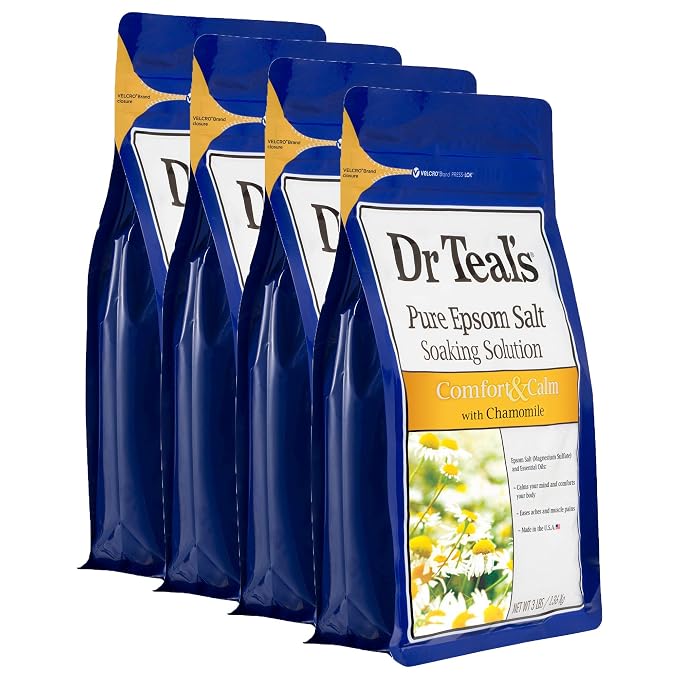Dr. Teal's Comfort & Calm Bath Soak Gift Set (4 Pack, 3lbs Ea.) - Chamomile Essential Oils Blended with Pure Epsom Salt - Calm Your Mind & Body, Ease Aches & Pains - at Home Spa Kit