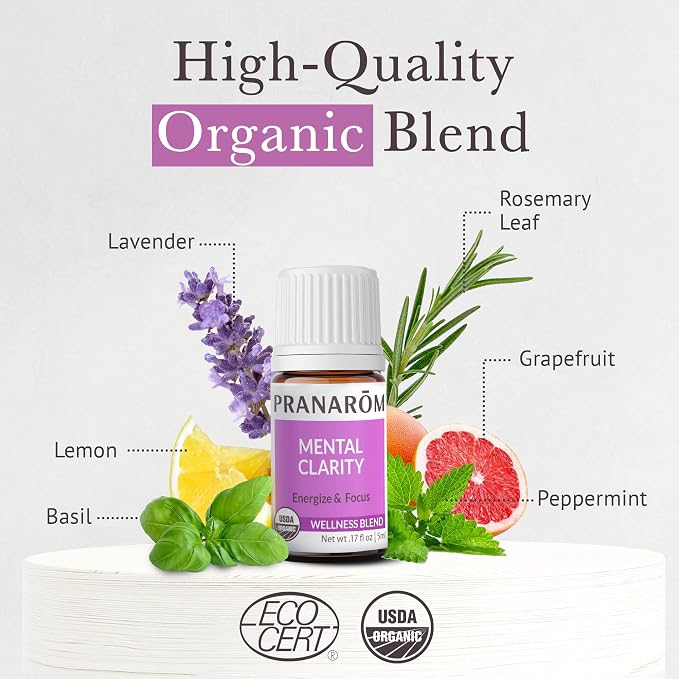 Pranarom - Mental Clarity & Focus Essential Oil, Pure Essential Oil for Diffusers, Revitalizing Aroma Oil, Lavender, Lemon, Peppermint, and More, Organic Essential Oil Blend, 2 Pack of 5ml Each