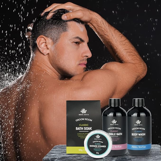 14 Pcs Bath & Body Gift Set for Men, Father's Day Gifts, Beard Grooming, Home Spa & Self Care Gift Basket, Shave Gel, Leather Bag, Christmas, Birthday, Anniversary, Dad, Husband, Boyfriend