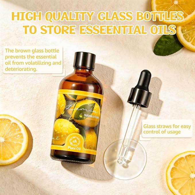 Essential Oil Lemon 3.38 fl oz with Glass Dropper, Pure Fragrance Oils | Aromatherapy, Natural Essential Oils for Diffusers for Perfect for Diffuser, Home, Yoga, DIY Candle and Soap Making - 100ml
