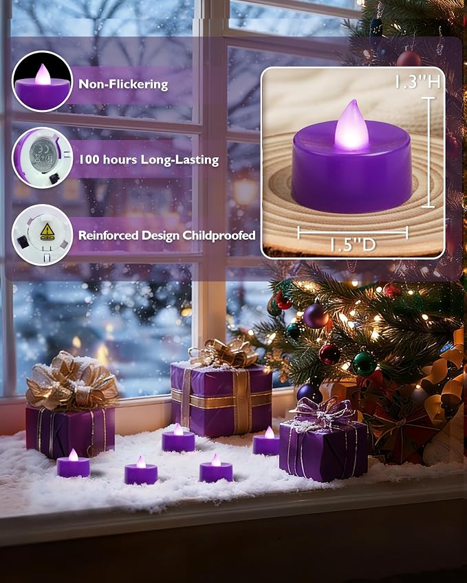 Amagic Purple LED Tea Lights Candles, 24 Pack Battery Operated Flameless Tea Lights, Long Lasting Colored Tealight Candles for Halloween and Christmas, Theme Party, Wedding Table Decor, Mardi Gras