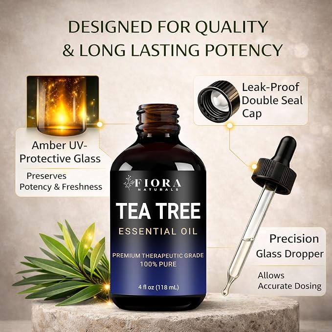 Fiora Naturals Tea Tree Oil 4 Fl Oz – 100% Pure Tea Tree Essential Oil for Skin, Face, Hair & Scalp Care, Nails & Toenails, Aromatherapy & Diffuser Use - Melaleuca Alternifolia
