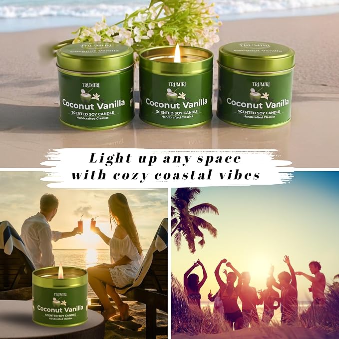Coconut Vanilla - Aromatherapy Candles for Home Scented - Pack of 3-5oz Natural Soy Wax Clean Organic Non Toxic - Long Lasting Highly Scented with Essential Oils - Gifts for Women Relaxing Spa