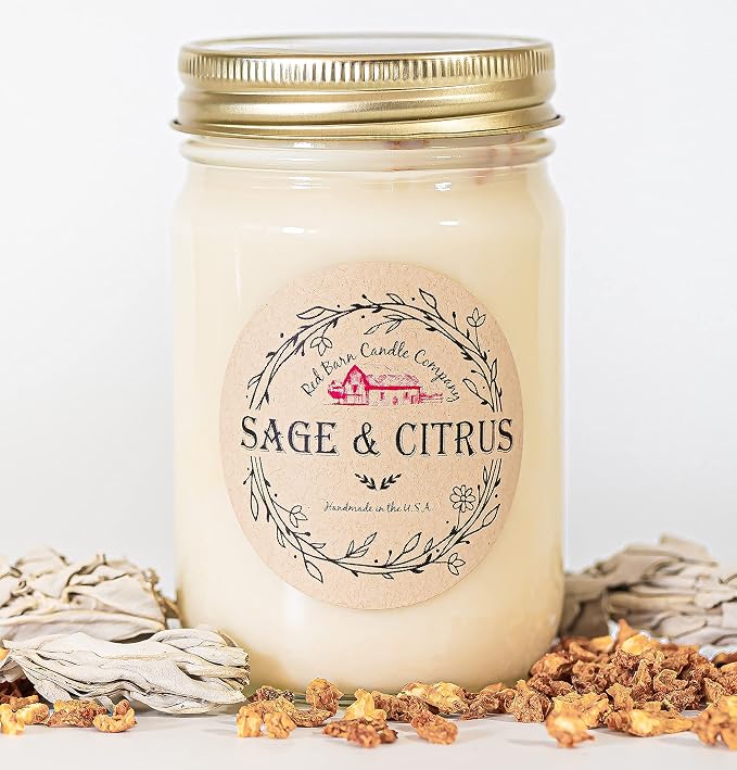Sage & Citrus Aromatherapy Candle 12 oz | 100% All-Natural Soy Wax & Essential Oil Infused | 40+ Hour Burn Time | Pet Safe + Smoke Odor Eliminating | Handmade in U.S.A. | Non-Toxic Candles