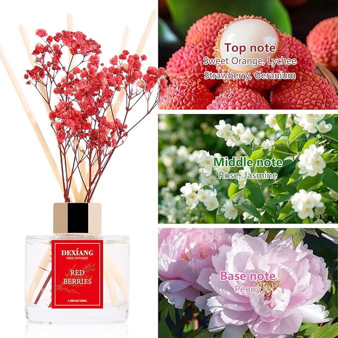 Reed Diffuser Set - 3.38 fl oz Red Berrie Premium Scented Oil with Preserved Baby's Breath & Cotton 6 Sticks | Long-Lasting Aromatherapy for Home, Bedroom, Bathroom, Office Home Decor